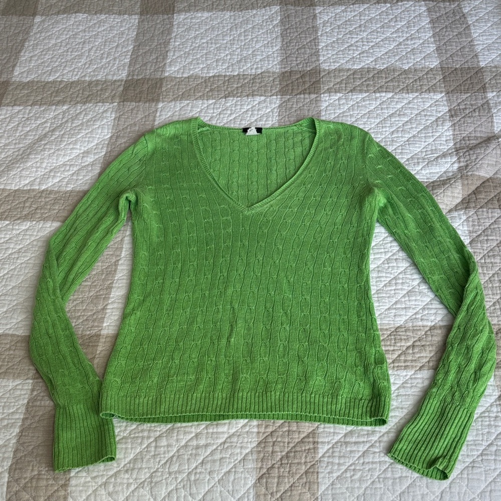 J. Crew 100% Linen Green V-Neck Cable Knit Sweater